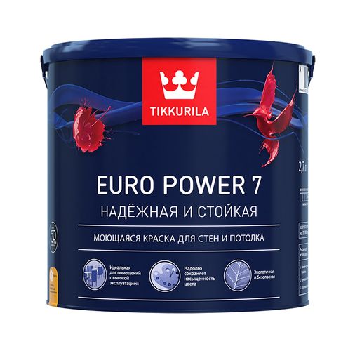 Краска Tikkurila интер. стойкая к мытью EURO POWER 7A мат., 0.9, White, , купить недорого