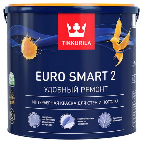 Краска Tikkurila интерьерная EURO SMART 2 A гл/мат., 0.9, White, , в Узбекистане