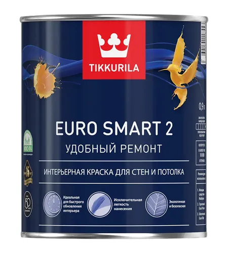 Краска Tikkurila интерьерная EURO SMART 2 A гл/мат., 0.9, White, 