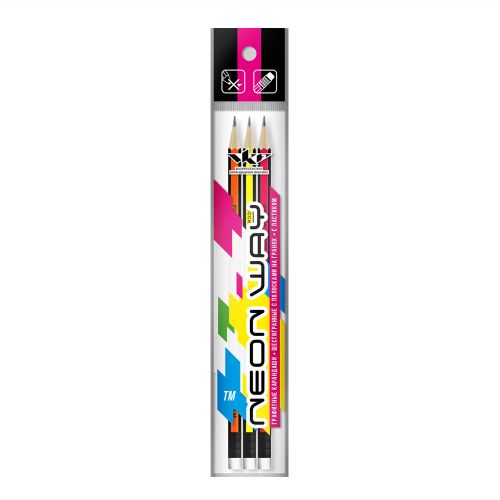 Набор графитных карандашей неон с полосатыми гранями с ластиком ВКФ Neon way