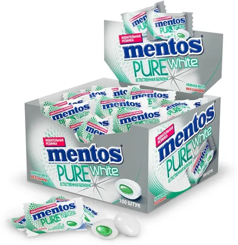 Chaynaladigan rezinka Mentos Pure White Yumshoq yalpiz, 2g/100 ta dona