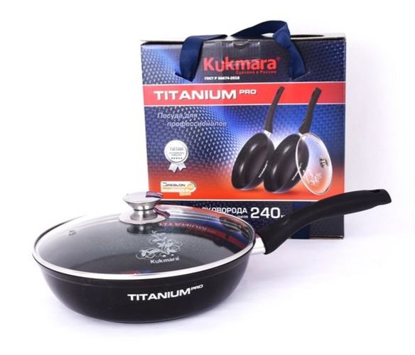 Skovorodka Kukmara tutqichli, shisha qopqoqli Titanium pro stz2403, diametr 20 sm, купить недорого