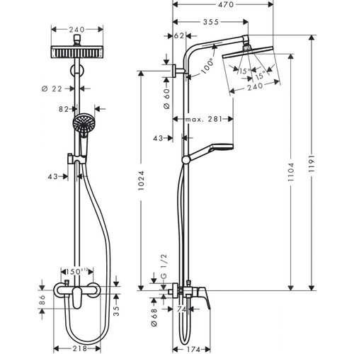 Hansgrohe Crometta S 240 1jet Showerpipe EcoSmart 27284000 termostat bilan yashirin dush tizimi, фото