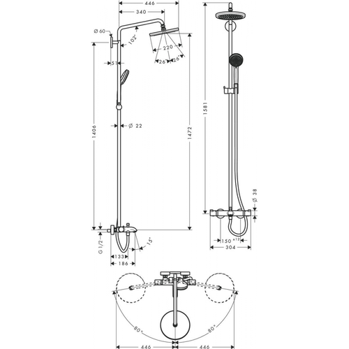 Dush tizimi hansgrohe Croma 220 Showerpipe termostat bilan 27223000, фото