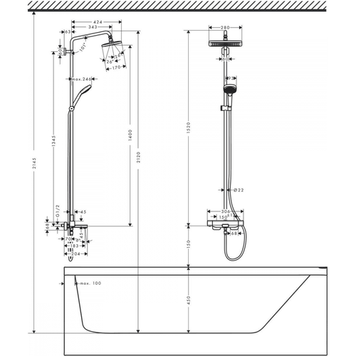 Dush to'plami  hansgrohe Croma E Showerpipe 280 1jet 27687000, купить недорого