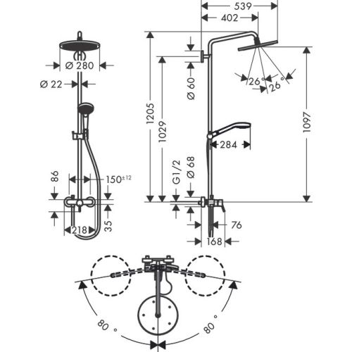 hansgrohe Croma Select S Dush shlangi 280 1jet, bir tutqichli kran 26791000, купить недорого