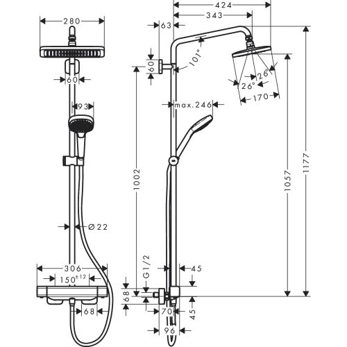 Душевая система hansgrohe Croma E Showerpipe 280 1jet 27630000, купить недорого