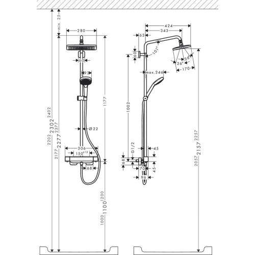 Dush tizimi hansgrohe Croma E Showerpipe 280 1jet 27630000, в Узбекистане