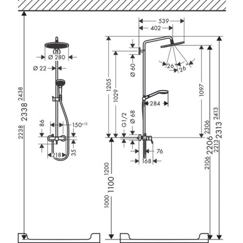 hansgrohe Croma Select S Dush shlangi 280 1jet, bir tutqichli kran 26791000, фото