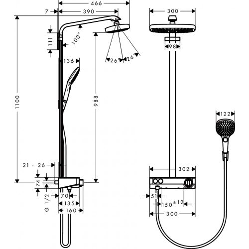 Hansgrohe Raindance Select E 300 2jet Showerpipe 27126000  termostat bilan yashirin dush tizimi, купить недорого