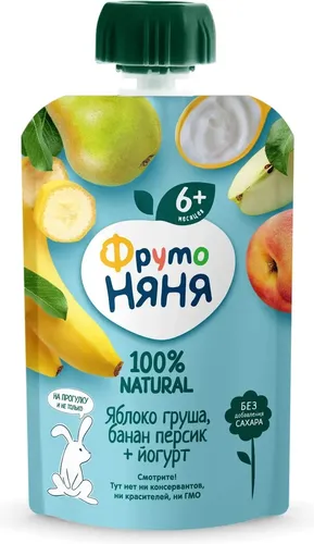 Meva pyuresi FrutoNyanya olma nok banan shaftoli yogurt bilan 6 oydan boshlab