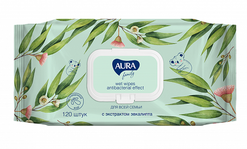 Влажные салфетки AURA для всей семьи с антибактериальным эффектом big-pack с крышкой