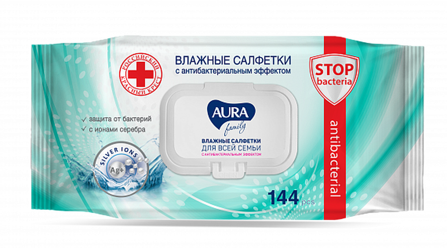 Влажные салфетки AURA FAMILY с антибактериальным эффектом big-pack с крышкой