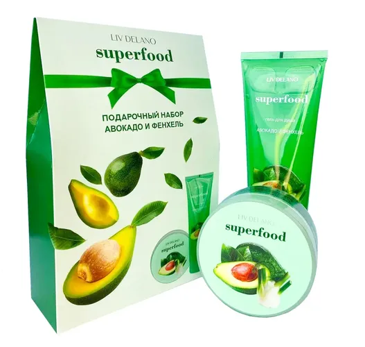 Liv Delano Superfood sovg'a to'plami avokado va arpabodiyon 490 g, dush uchun gel 250 g va namlantiruvchi tana suyuqligi kremi 240 g