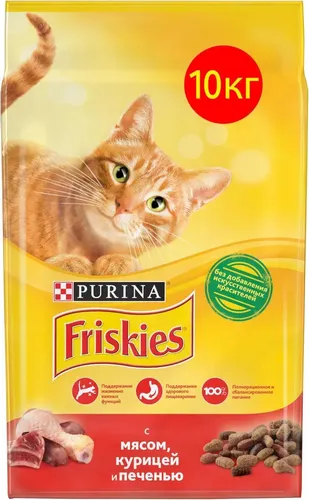 Сухой корм Friskies для взрослых кошек с мясом, курицей и печенью, 1 шт, 10 кг, купить недорого