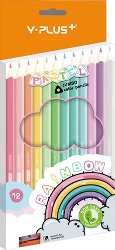 Цветные карандаши трехгранные Y-PLUS Rainbow Pastel, утолщенные, точилка, 12 пастельных цветов