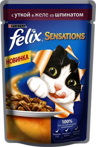 Влажный корм для кошек Felix Agail Sensation утка со шпинатом в желе, 5 шт, 85 гр