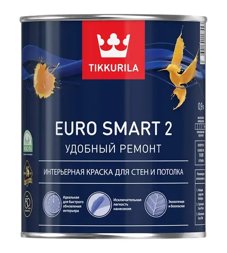 Краска Tikkurila интерьерная EURO SMART 2 A гл/мат., 0.9, White, , купить недорого