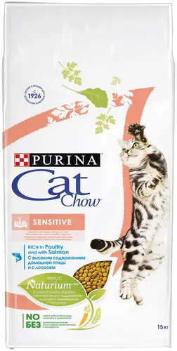 Сухой корм для взрослых кошек Purina Cat Chow с чувствительным пищеварением, птица и лосось, 15 кг, купить недорого