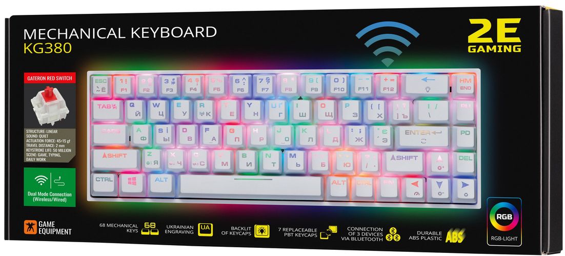 Клавиатура игровая 2E GAMING KG380 RGB 68key Gateron Switch BT/USB Ukr, Белый-красный, фото