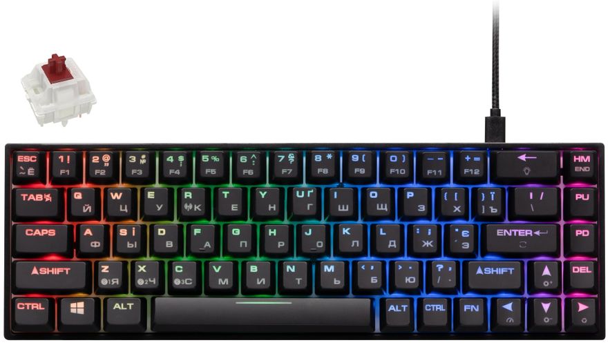 Клавиатура игровая 2E GAMING KG380 RGB 68key Gateron Switch BT/USB Ukr, Черный-коричневый