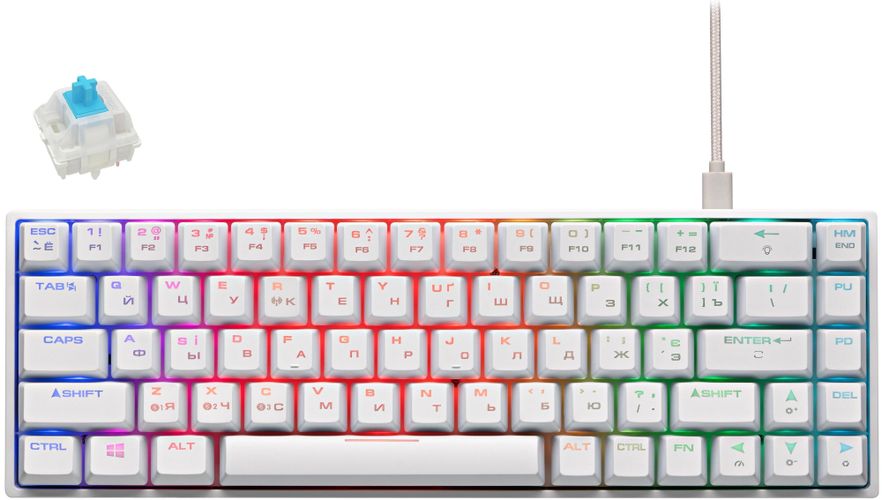 Клавиатура игровая 2E GAMING KG380 RGB 68key Gateron Switch BT/USB Ukr, Белый-синий