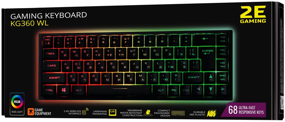 Klaviatura simsiz o'yin 2E GAMING KG360 RGB 68 kalitli USB Ukr, фото