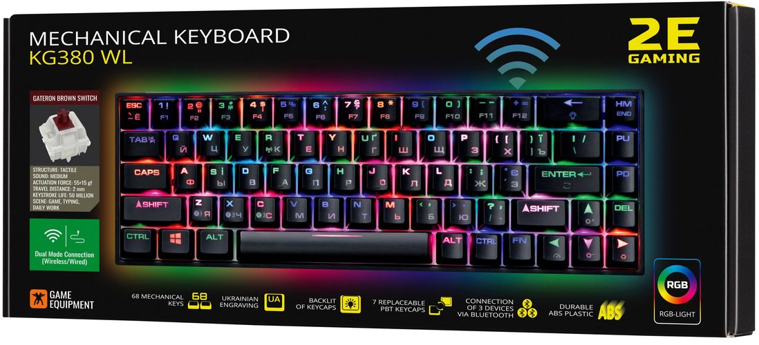 Клавиатура игровая 2E GAMING KG380 RGB 68key Gateron Switch BT/USB Ukr, Черный-коричневый, фото