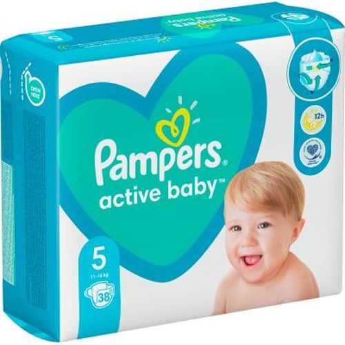 Pampers Active Baby tagliklari Hajmi 5 (11-16 kg) Yumshoq yuqori qatlam Cho'ziluvchan yon qisqichlar 38 dona., в Узбекистане