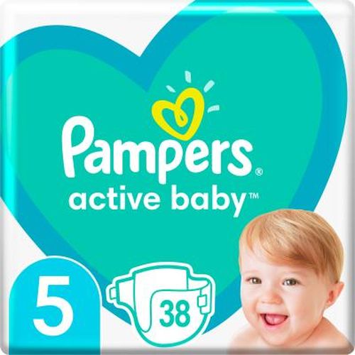 Pampers Active Baby tagliklari Hajmi 5 (11-16 kg) Yumshoq yuqori qatlam Cho'ziluvchan yon qisqichlar 38 dona.