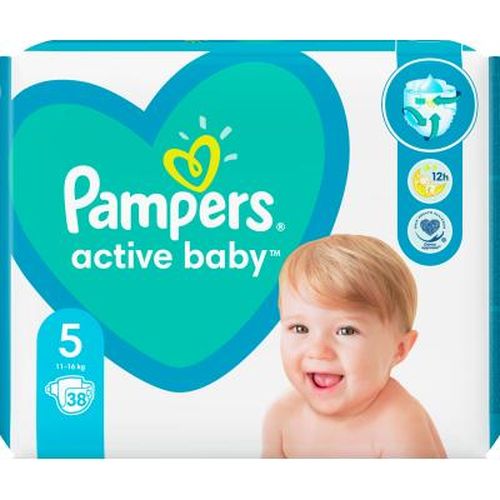 Pampers Active Baby tagliklari Hajmi 5 (11-16 kg) Yumshoq yuqori qatlam Cho'ziluvchan yon qisqichlar 38 dona., купить недорого