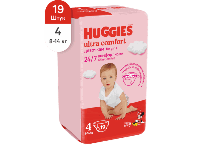 Huggies ultra comfort Подгузники Размер 4 Для девочек (8-14 кг) Мягкий эластичный поясок Комфорт кожи 24/7 Анатомическая форма 19 шт. 