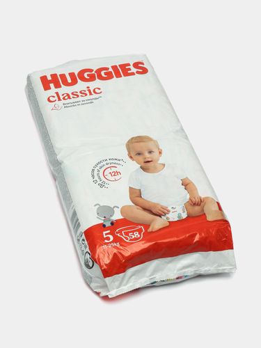 Huggies classic Подгузники Размер 5 (11-25 кг) Мягкие барьерчики Тянущийся поясок Дышащие материалы, 58 шт., купить недорого