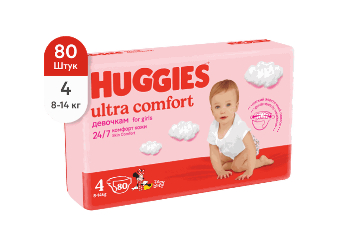 Huggies ultra comfort Подгузники Размер 4 Для девочек (8-14 кг) Мягкий эластичный поясок Комфорт кожи 24/7 Анатомическая форма 80 шт. 