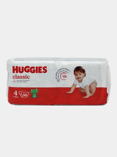 Huggies klassik o'lchami 4 (7-18 kg), tagliklari, 3 qatlamli himoya, Konturli shakl, 360° himoya texnologiyasi, Qattiq kimyoviy moddalarsiz, 50 dona., купить недорого