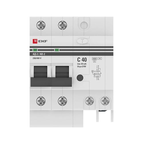 Differentsial avtomat AD-2 40А/ 30mA (har. C, AC, elektron, himoya 270V) 4,5kА EKF PROxima, купить недорого