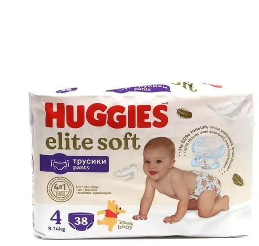 Huggies Elite Soft Трусики-подгузники Размер 4  (9-14 кг), Эластичный пояс Специальный внутренний кармашек Впитывающие подушечки Индикатор влаги, 38 шт