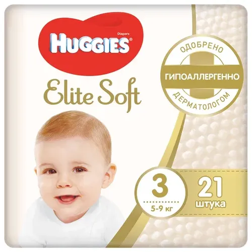 Huggies Elite Soft 3 tagliklari Nafas oladigan materiallar namlik ko'rsatkichi (5-9 kg) 21 dona.