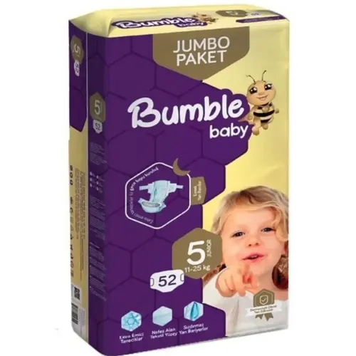 Bumble Baby  Подгузники Размер 5 (11-18 кг) Суперабсорбент Дышащие Материалы Герметичные Барьеры Защита До 12 Часов JUMBO PACKAGE, 52 шт.