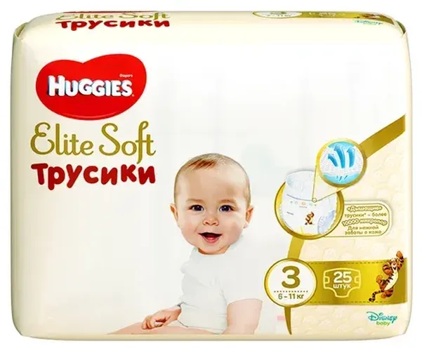 Huggies Elite Soft Трусики-подгузники Размер 3  (6-11кг), Эластичный пояс Специальный внутренний кармашек Впитывающие подушечки Индикатор влаги, 25 шт, купить недорого