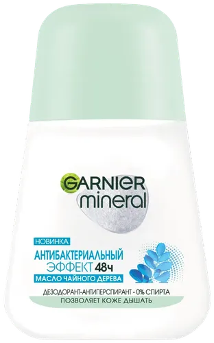 Garnier Mineral deodorant antiperspirant rolikli antibakterial ta'sir choy daraxti yog'i 0% spirt mineral perlit himoya 48 soat, 50 ml