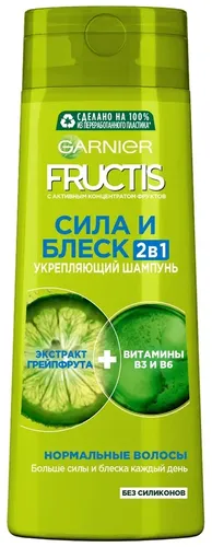 Garnier Fructis 2-in-1 "kuch va porlash" soch shampuni greypfrut ekstrakti va B3, B6, 400 ml vitaminlari bilan sochlarni mustahkamlaydi