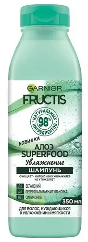 Garnier Fructis Superfood Алоэ Шампунь для волос Очищает Интенсивно увлажняет Не утяжеляет Без силиконов Для сухих волос, 350 мл