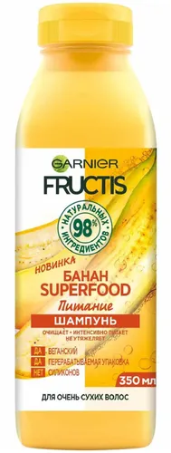 Garnier Fructis Superfood Шампунь для волос Банан Для очень сухих волос Интенсивное питание Без силиконов С натуральными компонентами, 350 мл