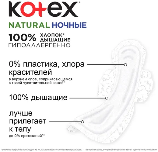 Прокладки Kotex Natural ночные, 6 шт., купить недорого