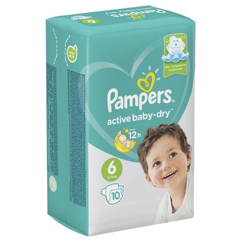 Pampers Active Baby-Dry hajmi 6 (9-14 kg) Nafas oladigan materiallar Super changni yutish 12 soatgacha quritish 10 dona