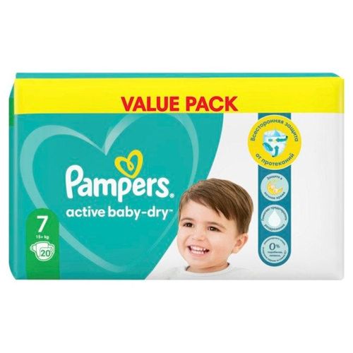 Pampers Active Baby-Dry Подгузники Размер 7  (15+ кг) С воздушными каналами Дышащие Защита до 12 часов  Тянущиеся боковины 20 шт.