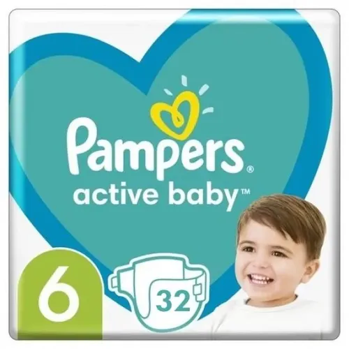 Pampers Active Baby Подгузники Размер 6 (13-18 кг) С Воздушными каналами Дополнительный внутренний слой Тянущиеся боковинки Дерматологически протестировано JUMBO PACK, 32 шт.