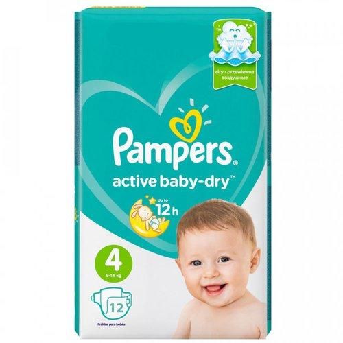 Pampers Active Baby-Dry 4 o'lchamli (9-14 kg) Nafas oladigan materiallar Super shimuvchi, 12 soatgacha quruqlik 12 dona