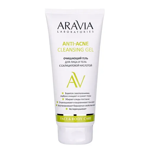 Yuz va tanani tozalash uchun gel ARAVIA Laboratories salitsil kislotasi bilan Anti-Acne Cleansing Gel , 200 ml